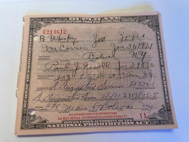 Early 1930's Prohibition Prescription for Medicinal Liquor - Quantity 1