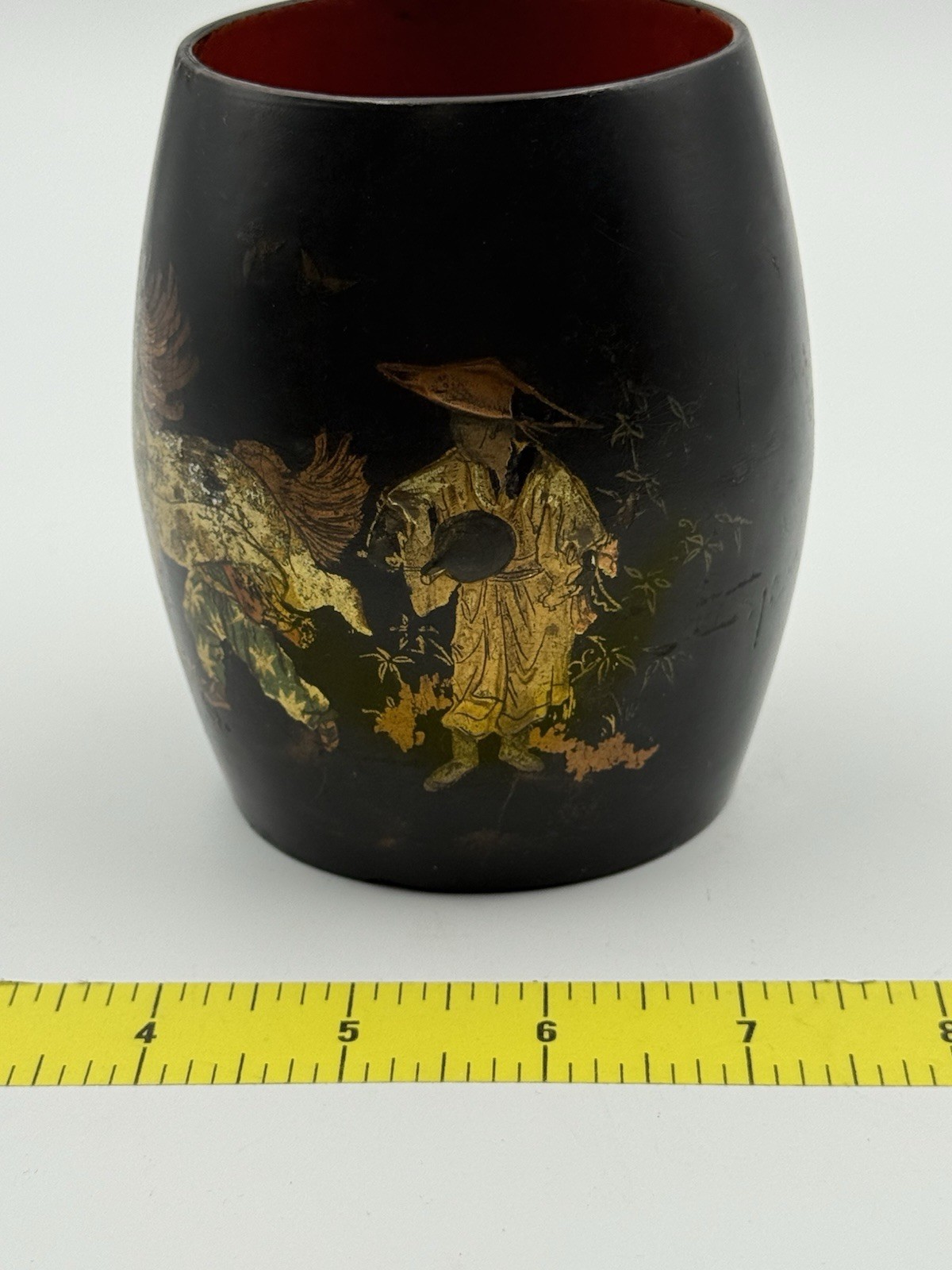 Antique Vietnamese Sơn Mài Lacquer Brush Pot • Múa Lân Lion Dance • Hand Painted
