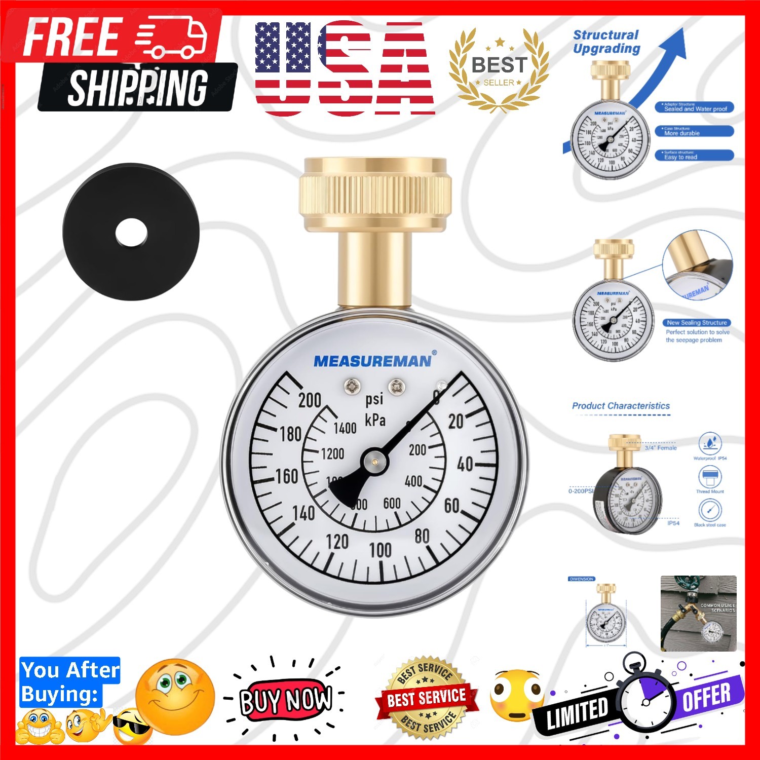 Water Pressure Gauge, 0-200 PSI Water Pressure Tester with 2-1/2 Inch Dial & ...