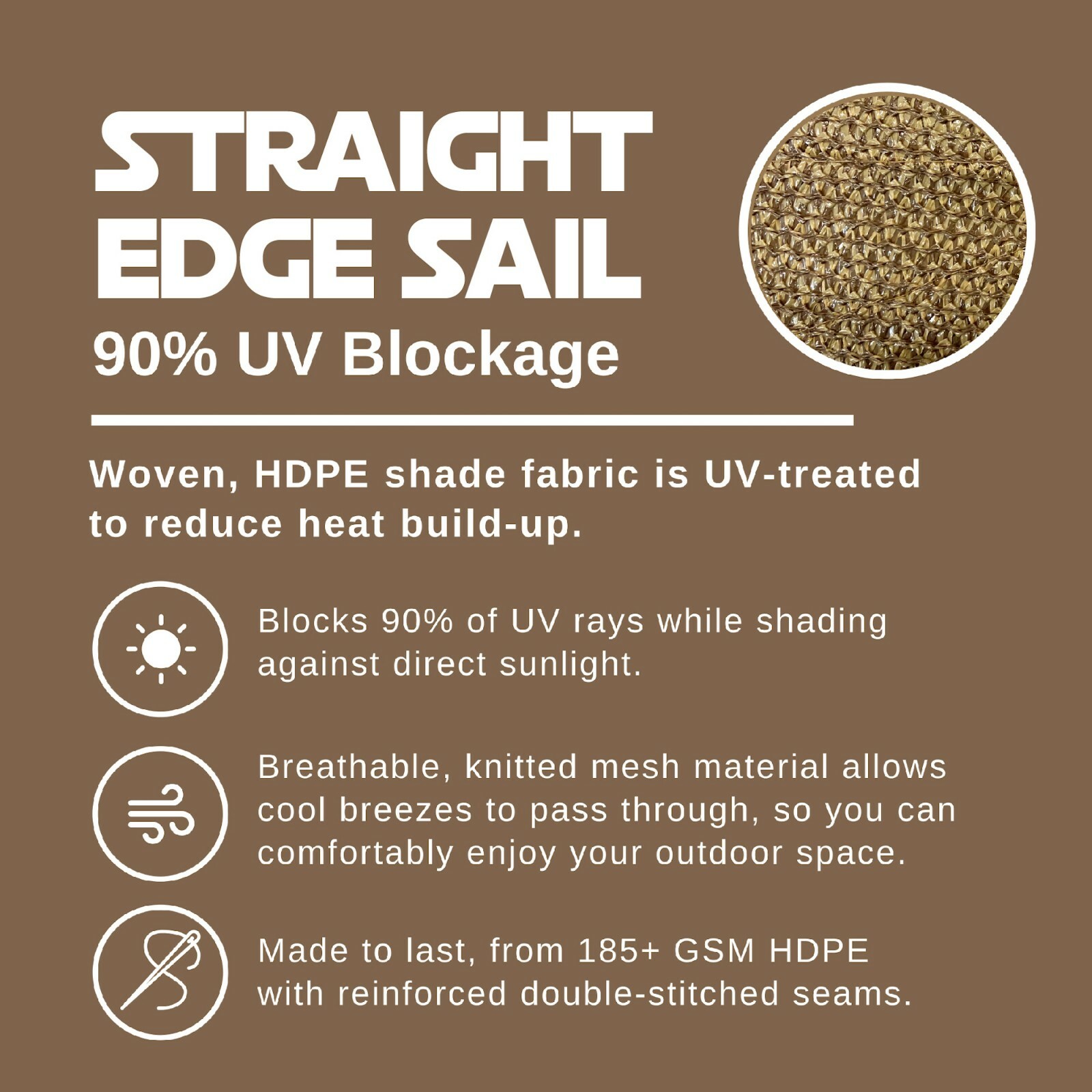 90% Straight Edge Sun Shade Sail, Pergola Cover Canopy Shade W/ Grommets Walnut