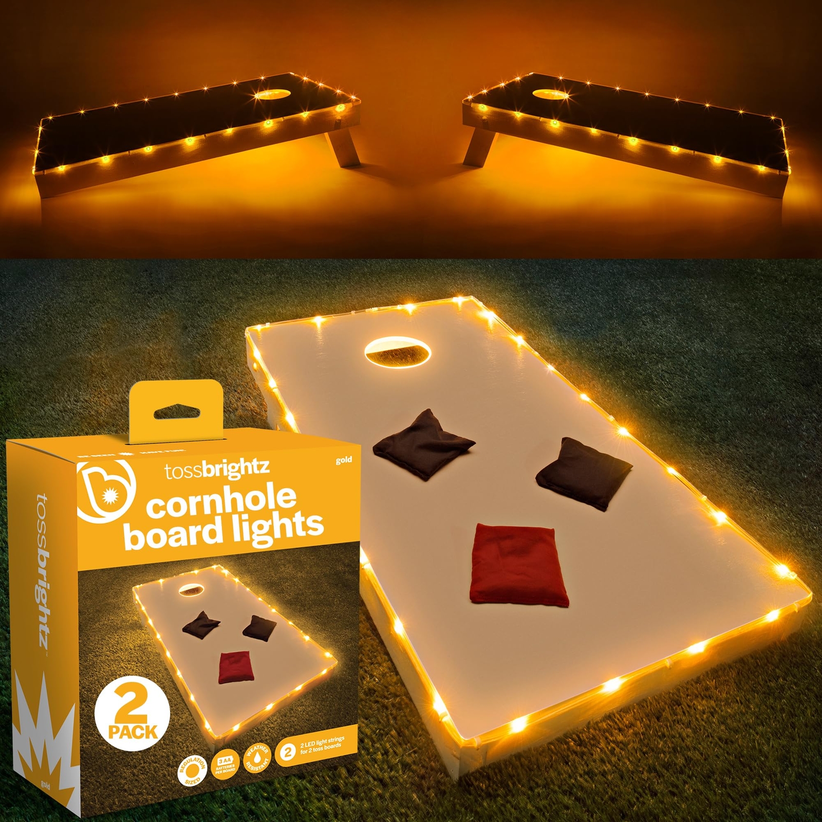 Brightz - TossBrightz Cornhole LED Light, Bean Bag Game Board Lighting Kit, Gold