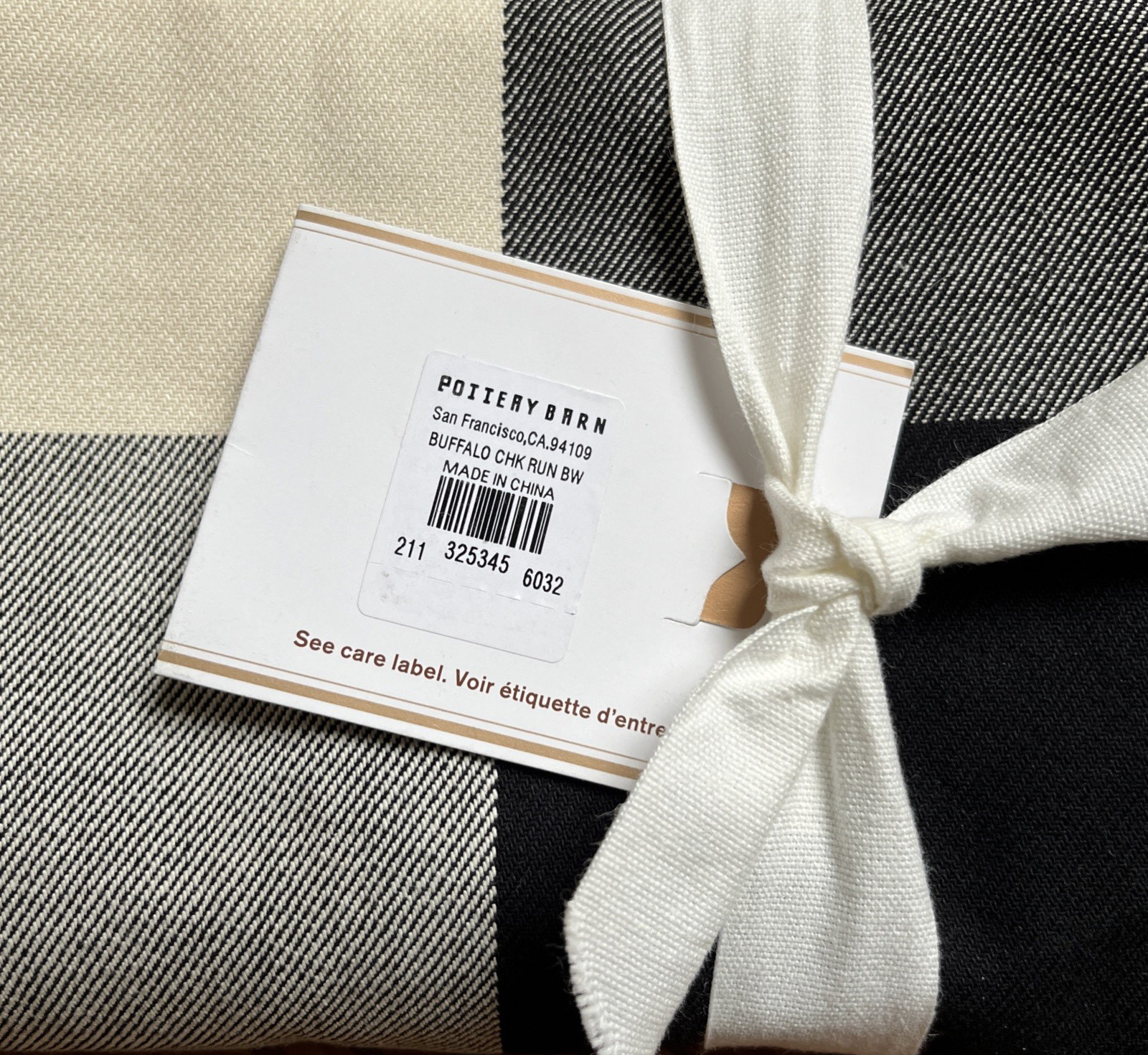 Pottery Barn Large Buffalo Check Table Runner 18" X 108" Black/Ivory NEW