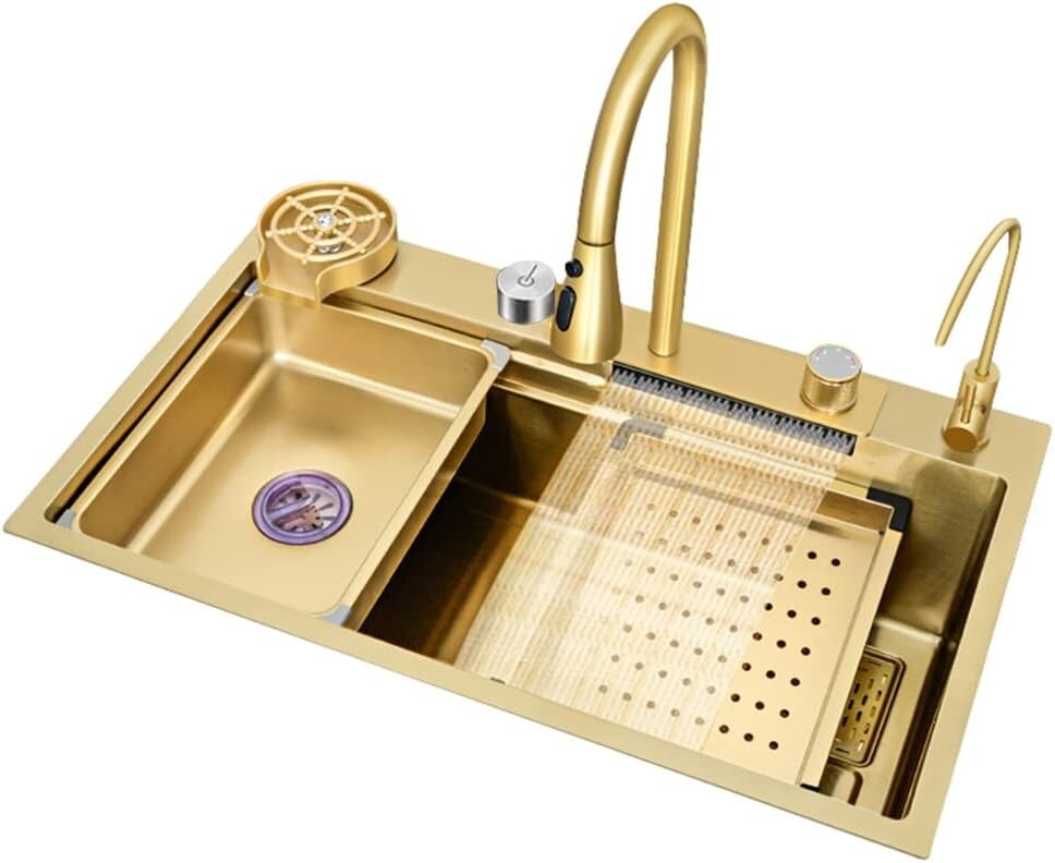 Flying Rain Stainles Steel Watefall Kitchen Sink w PullDown Faucet Gold 29.5INCH