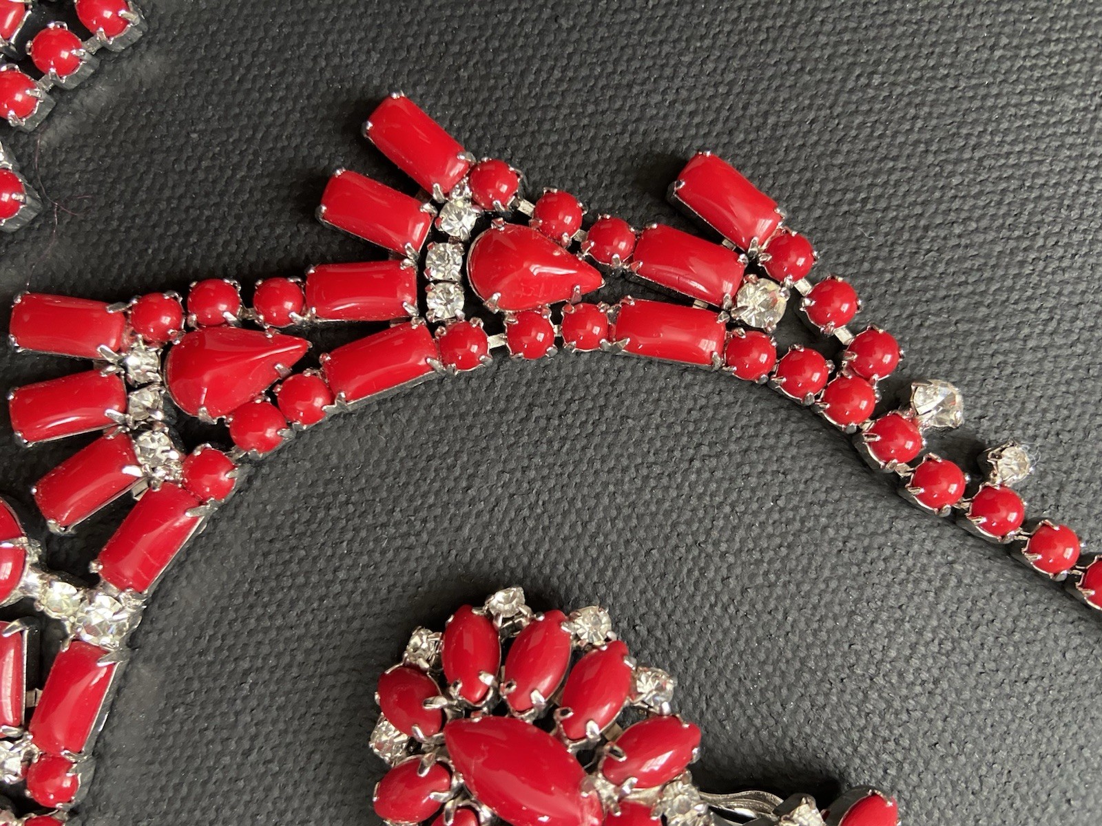 Vintage By Gale Demi Parure Deep Red Rhinestone Choker Bracelet Clip Earrings