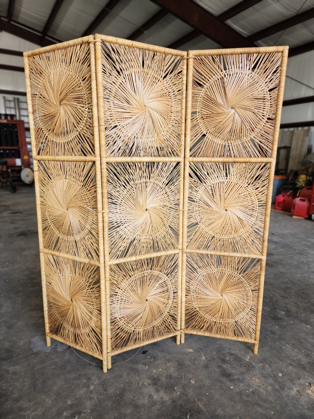 Wicker 3 Panel Art Deco Boho Screen Partition Room Divider Sunburst VTG See Desc