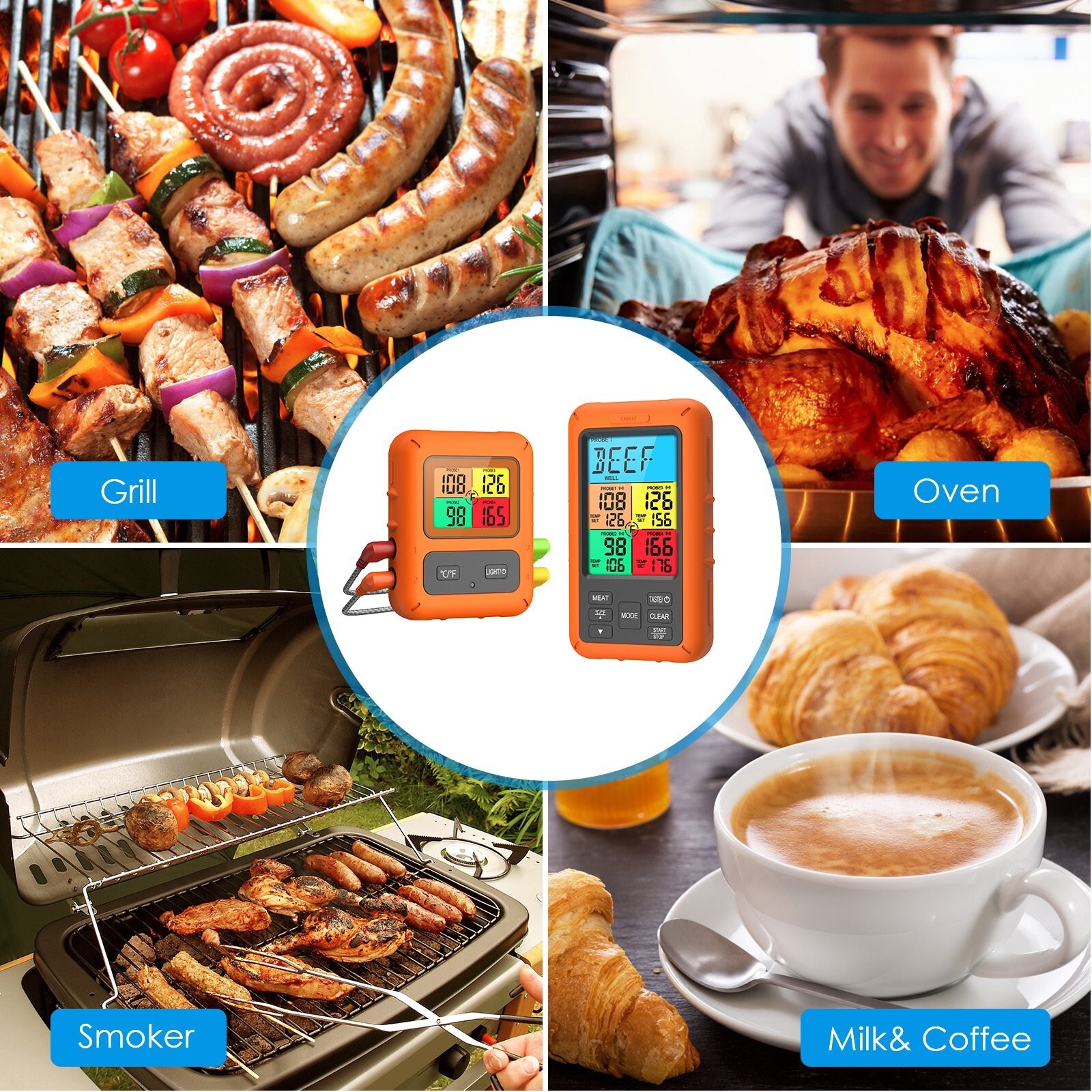 Smart Wireless Meat Thermometer w/ 4 Probes for BBQ Grilling Baking Barbecue