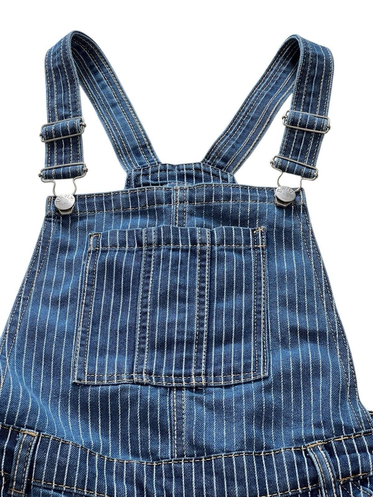 DKNY Girls Overall Shorts Blue White Stripe Adjustable Straps Size 14 Logo