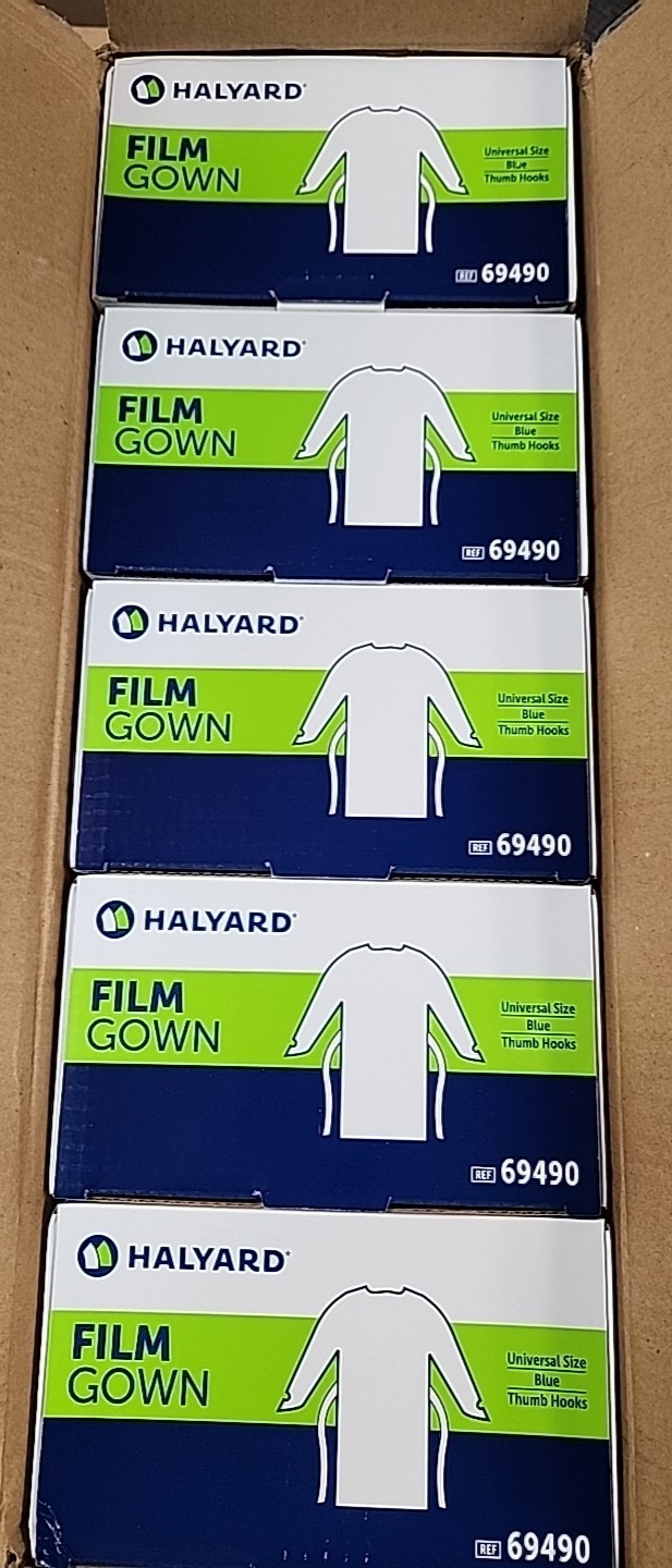 Halyard 69490 Film Gown, Blue, Thumb Hooks/Universal Size/Case of 75