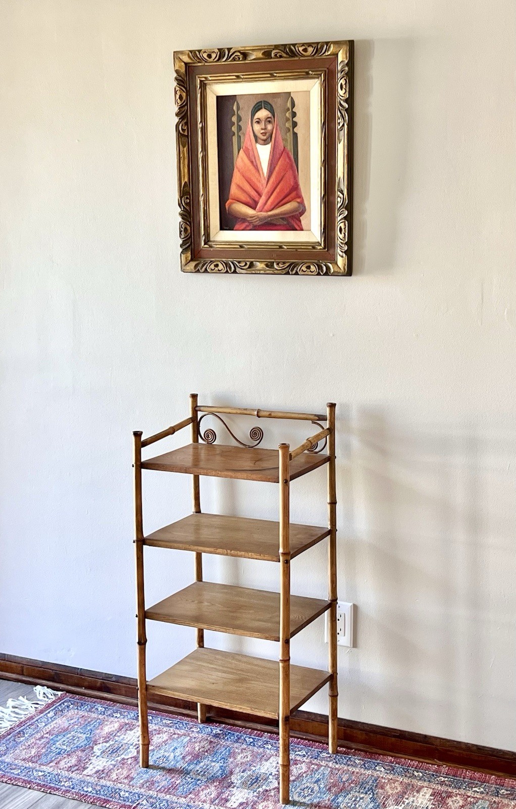 Antique Bamboo & Oak Etagere Curio Plant Fern Stand Book Shelf