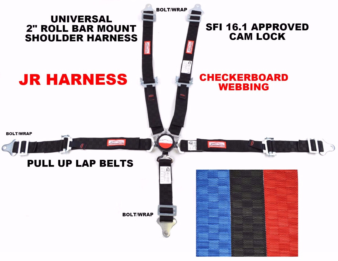 YOUTH RACING HARNESS UNIVERSAL SFI 16.1 PULL UP LAP CAM LOCK BLACK CHECKERBOARD