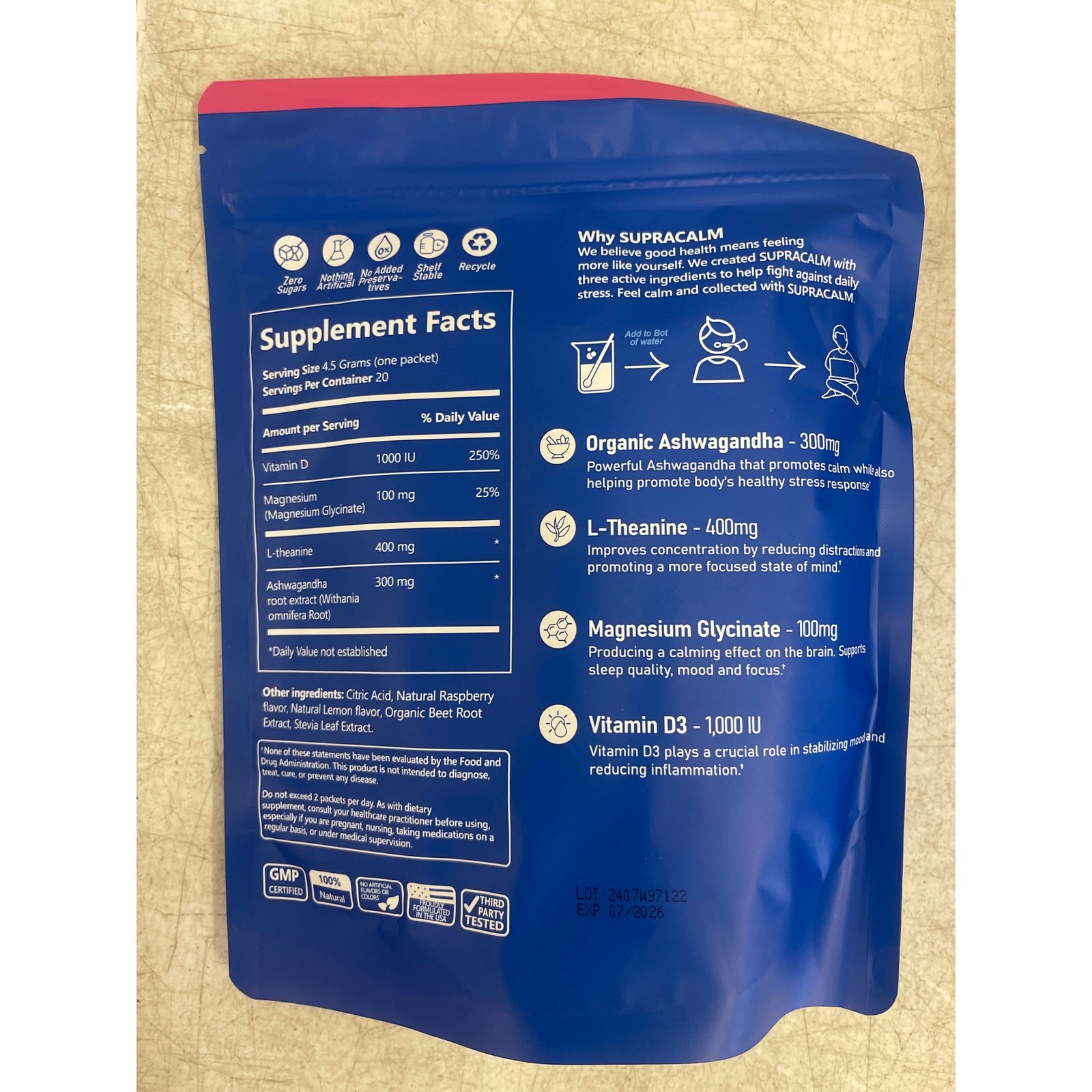 Supracalm Powdered Drink Mix 20 Servings/ Pack No Sugar Raspberry Lemonade 07/26