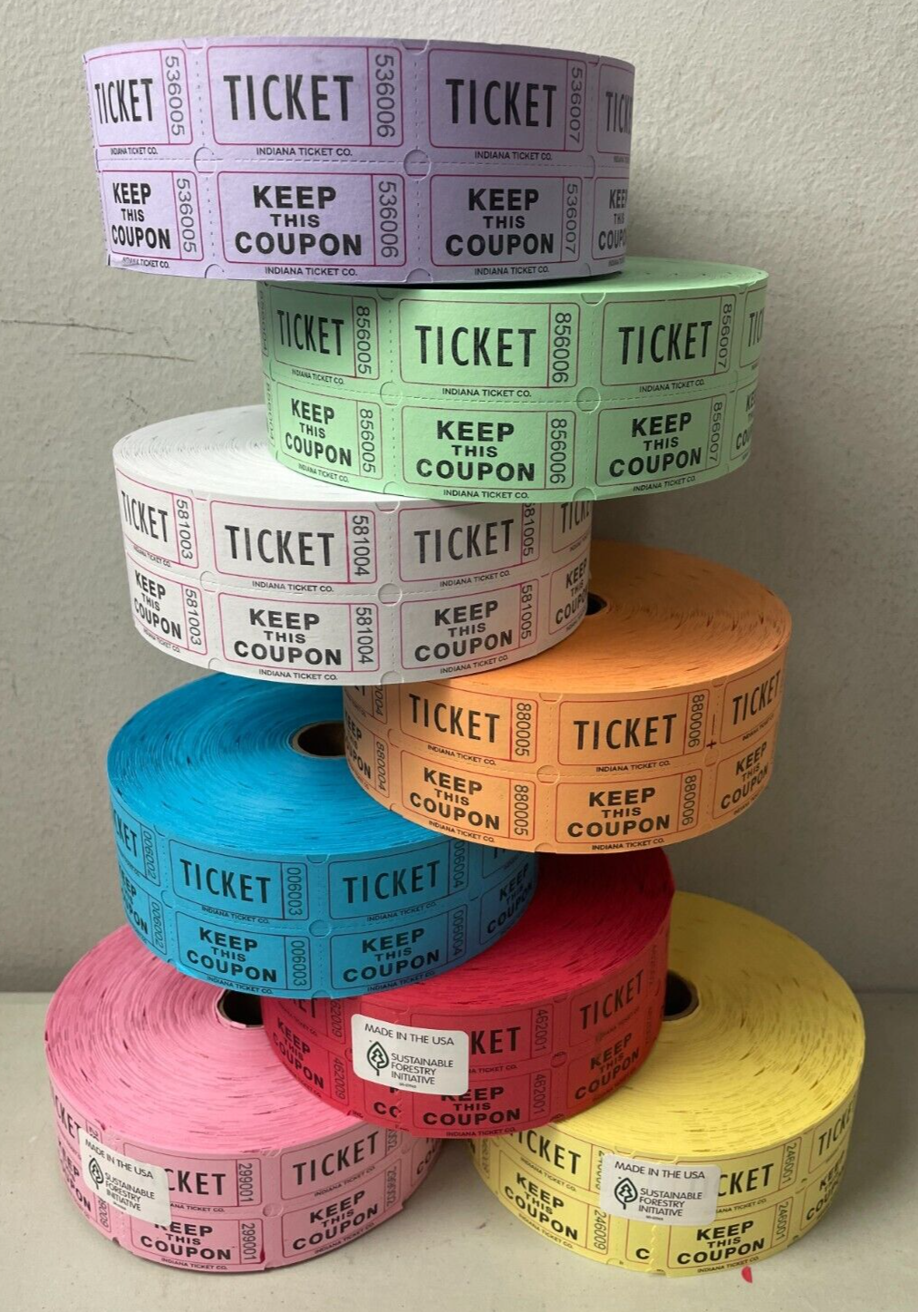Raffle Tickets 10 Rolls Double Stub 2000 Each 50/50 Split the Pot 8 Colors Deal