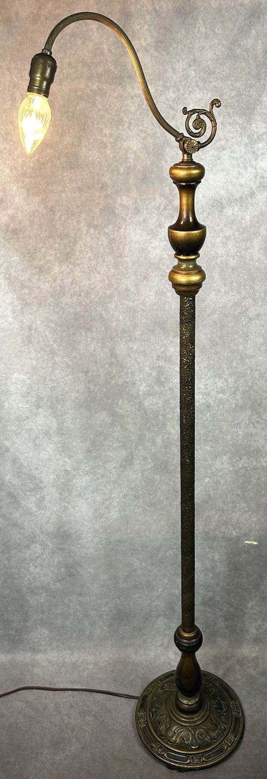 Antique Art Deco Floor Lamp Bridge Arm Unique Painted Wood Column Cast Iron 5 Ft