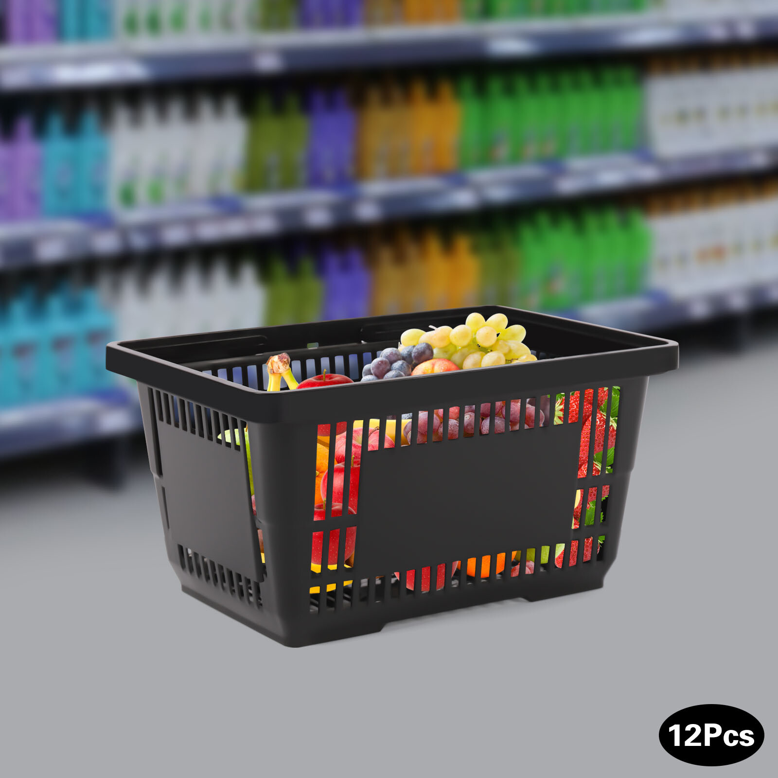 12 PCS Black Plastic Shopping Basket for Market Grocery Retail Store + Handles