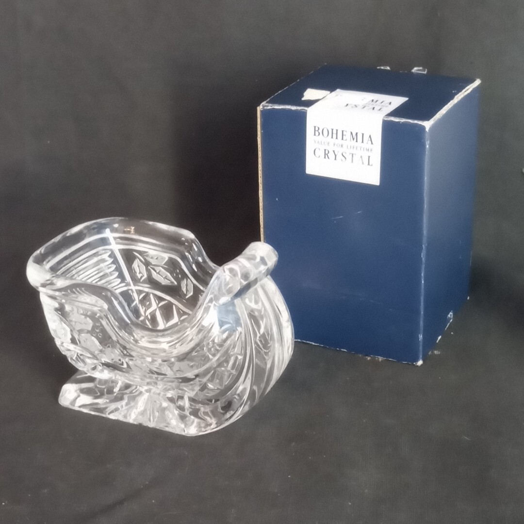 Bohemia 24% Lead Crystal Sleigh Centerpiece Candy Dish 5” x 3.5” In Box Vintage