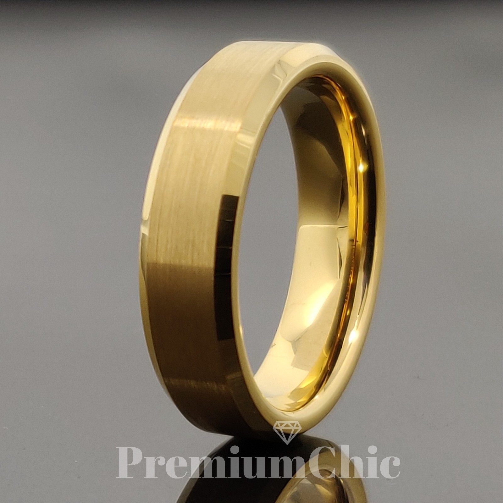 24k Gold Plated Tungsten Carbide Men's Wedding Band Ring Brushed Beveled Edge