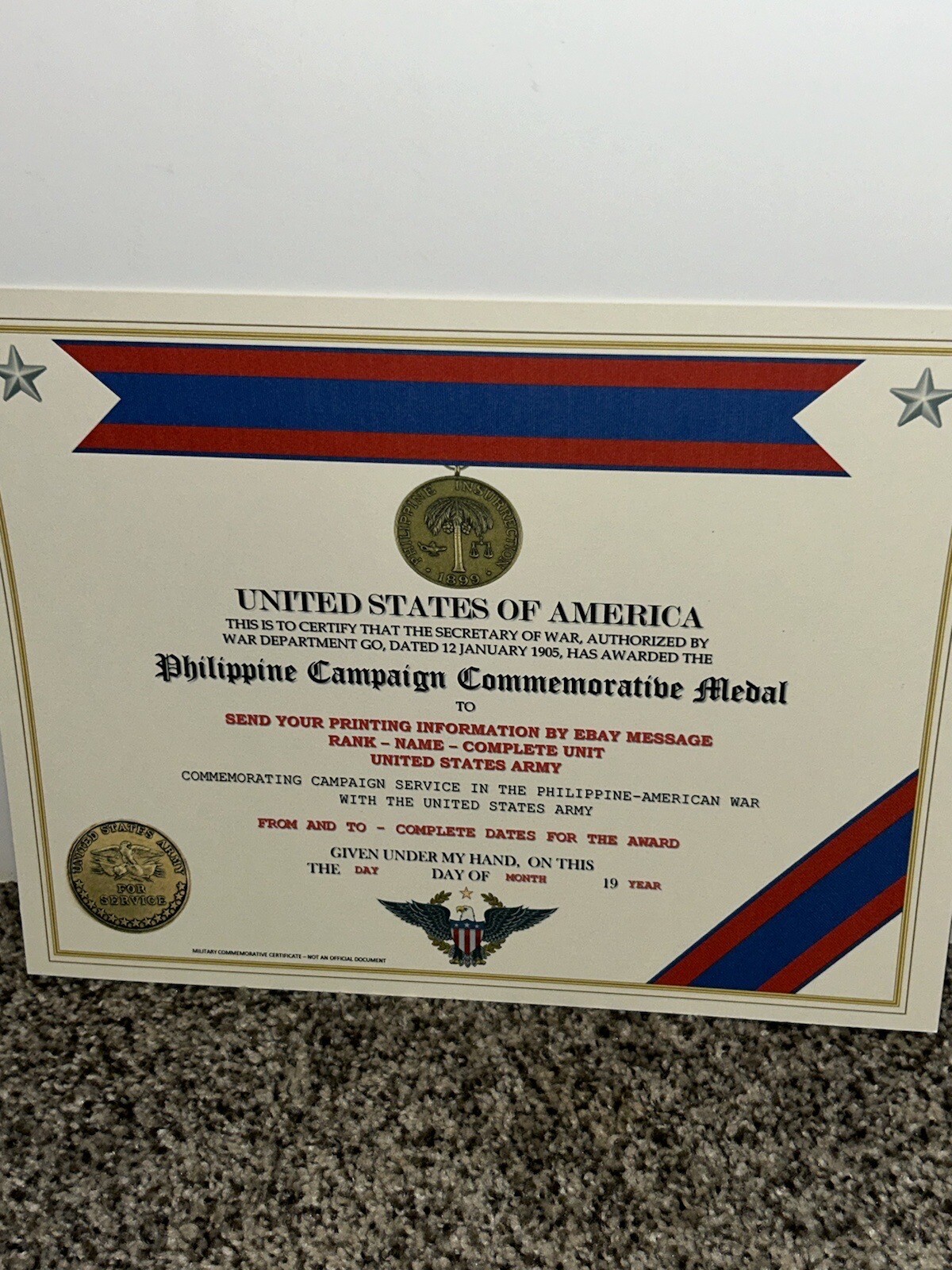 PHILIPPINE CAMPAIGN (ARMY) COMMEMORATIVE MEDAL CERTIFICATE ~ W/PRINTING TYPE-1