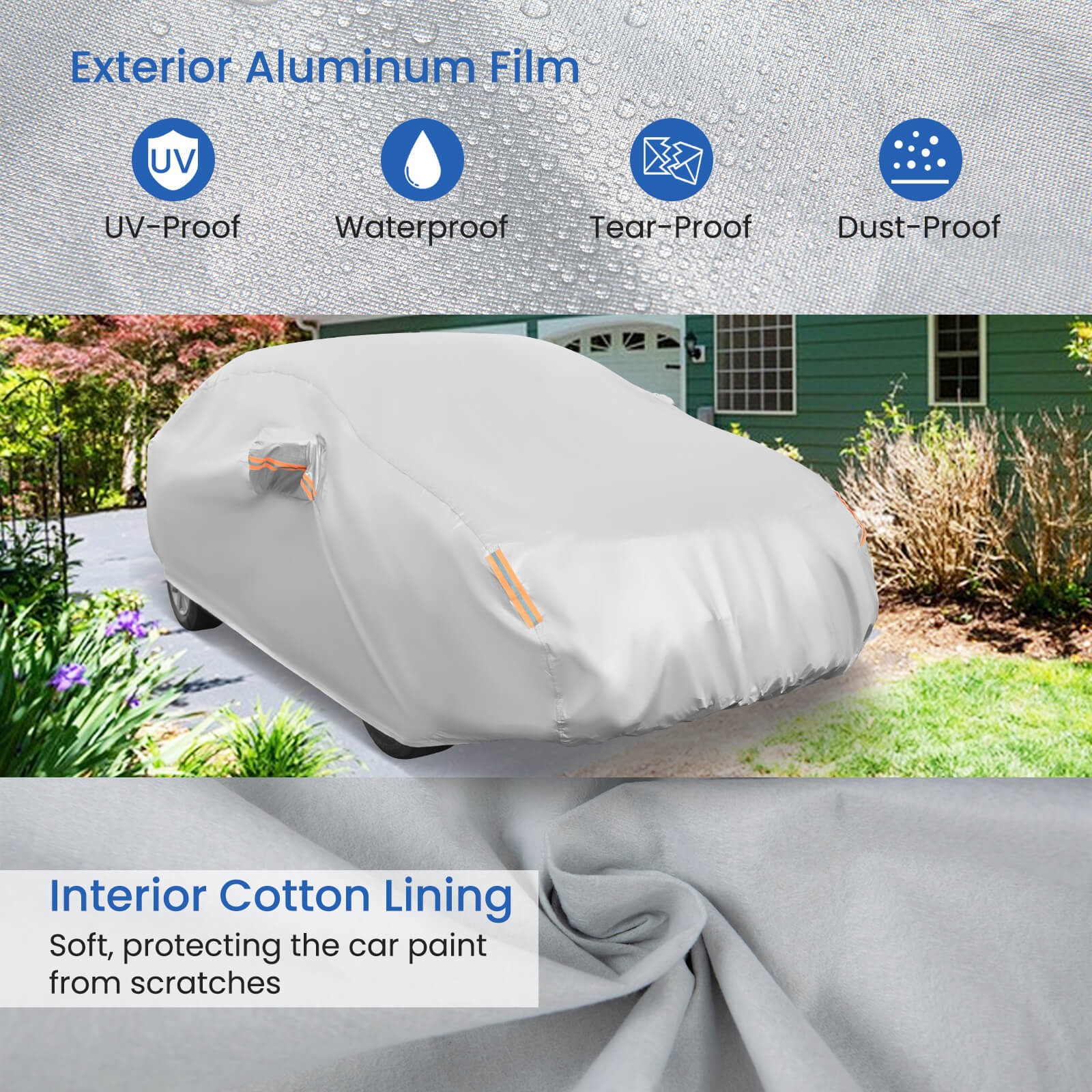 185" Car Cover for Automobiles Outdoor Full Cover with Cotton Lining Waterproof