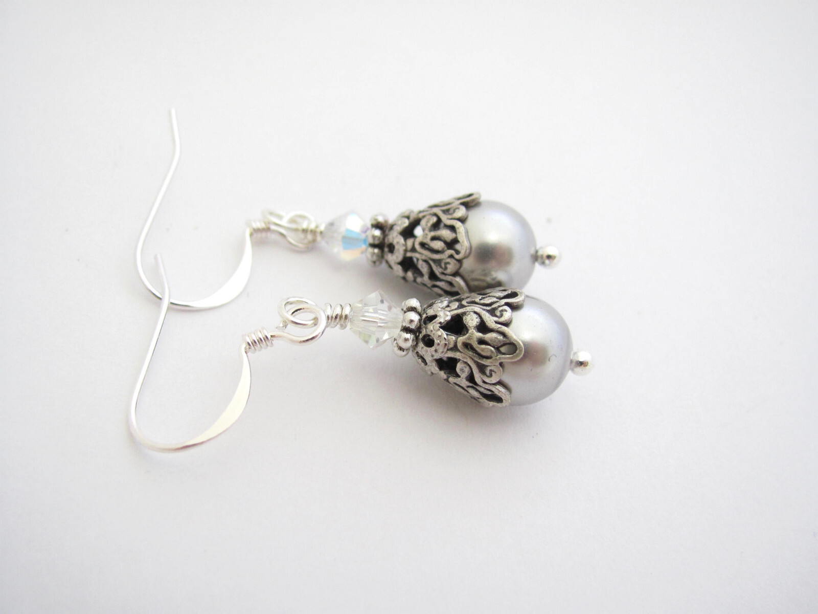 Silver Gray Crystal Pearl Earrings Birthday Wedding Gift Birthday Holiday Party