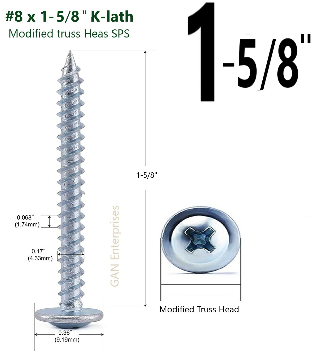 Modified Truss Head Phillips Self piercing sharp point screws #8 x 1/2"- 3" Zinc