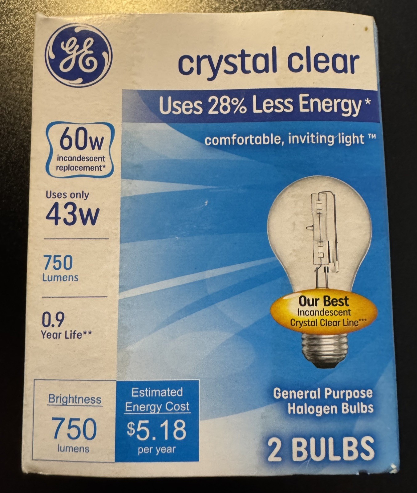 Pack 2. GE  Light Bulbs 43 Watt 120V E26 base Crystal clear Good for Heating