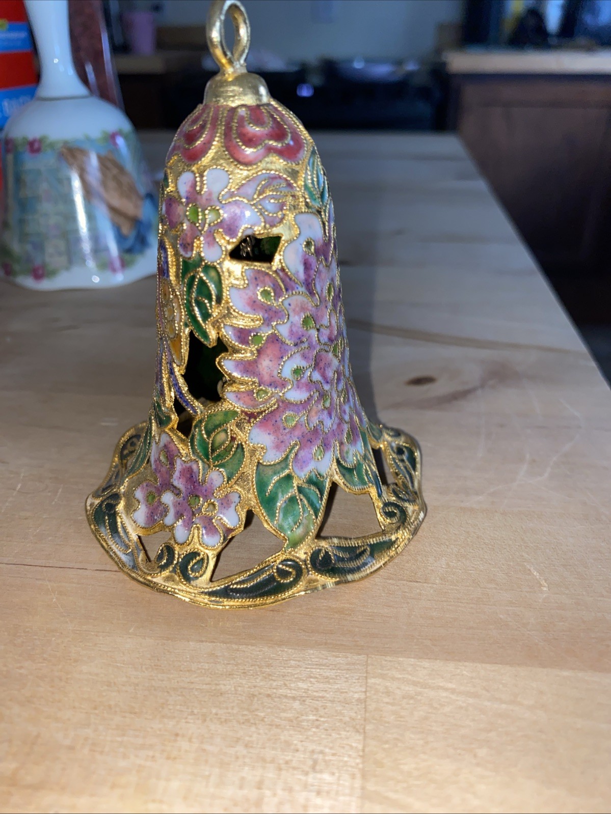 Chinese cloisonné bell W/Gold Trim, Ribbon, Pink Green Painted Design