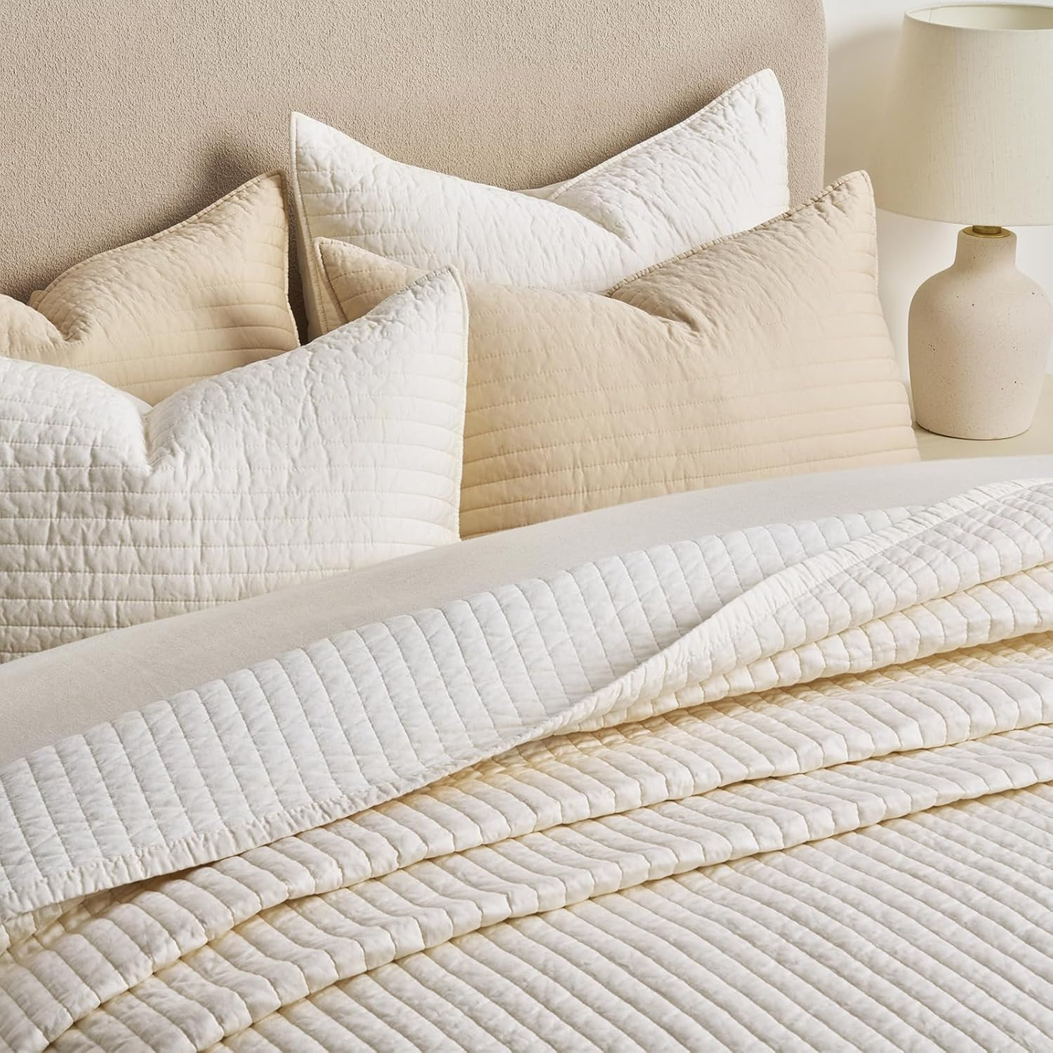 Cotton Sateen Quilt Set King Size, Pre-Washed Cotton Channel Stitch Coverlet Bed