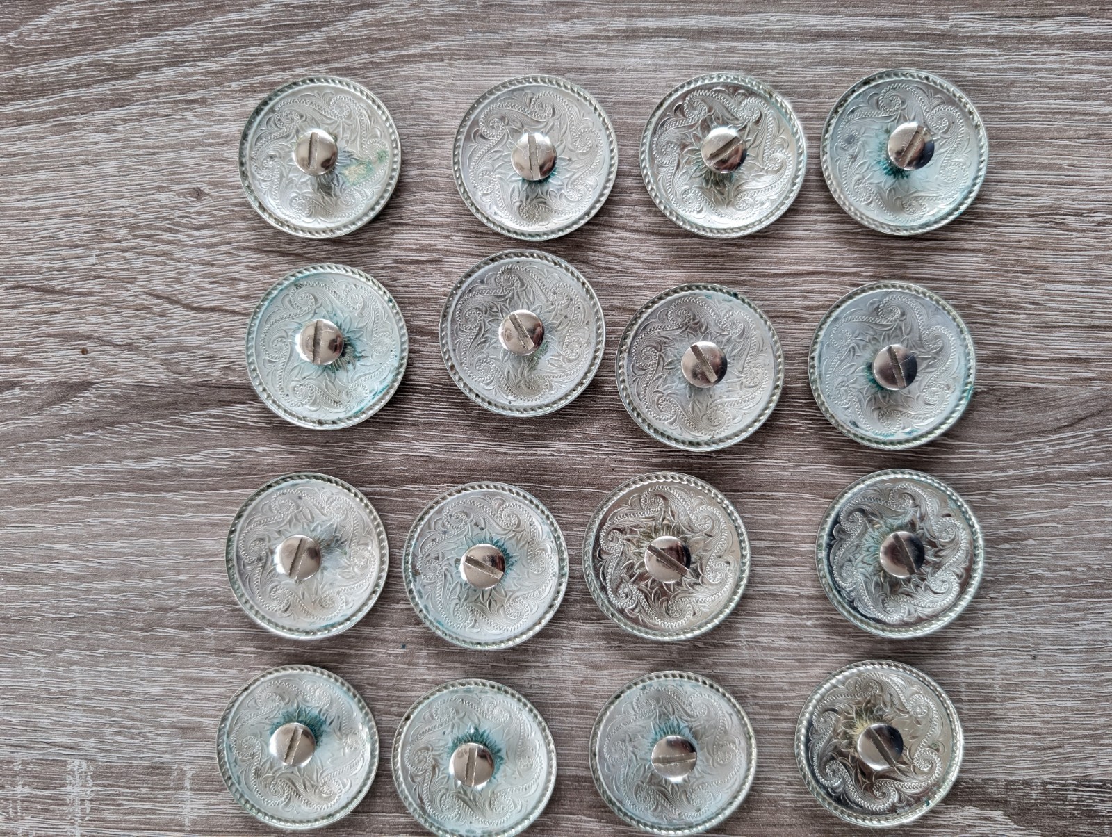 Vintage Handmade Silver Conchos Rope Edge Sunflower Engraved Set Of 16