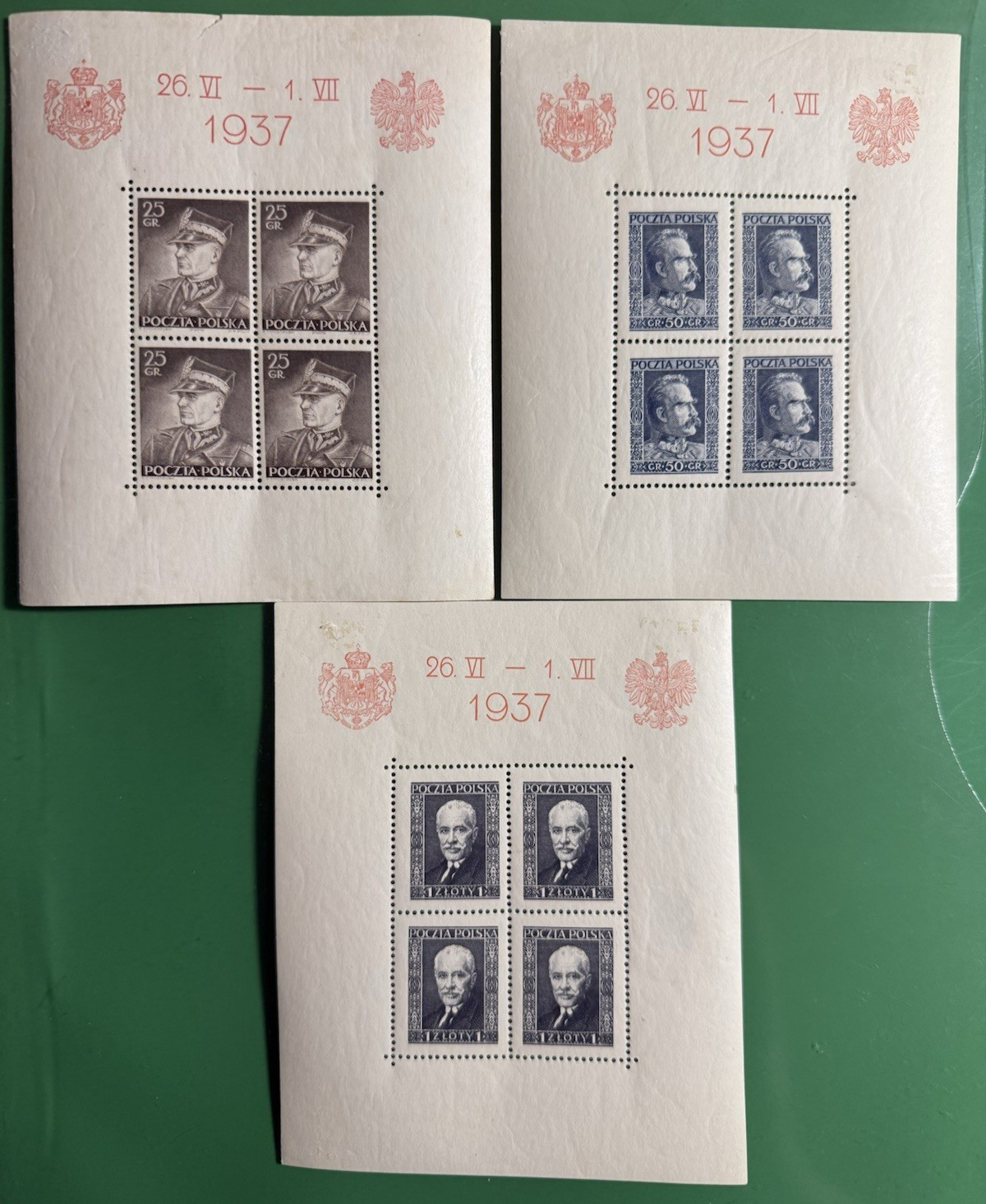 Poland, 1937 Leaders 3 Souvenir Sheets -Mint Hinged (Stamps are NH) Sc# 314-316