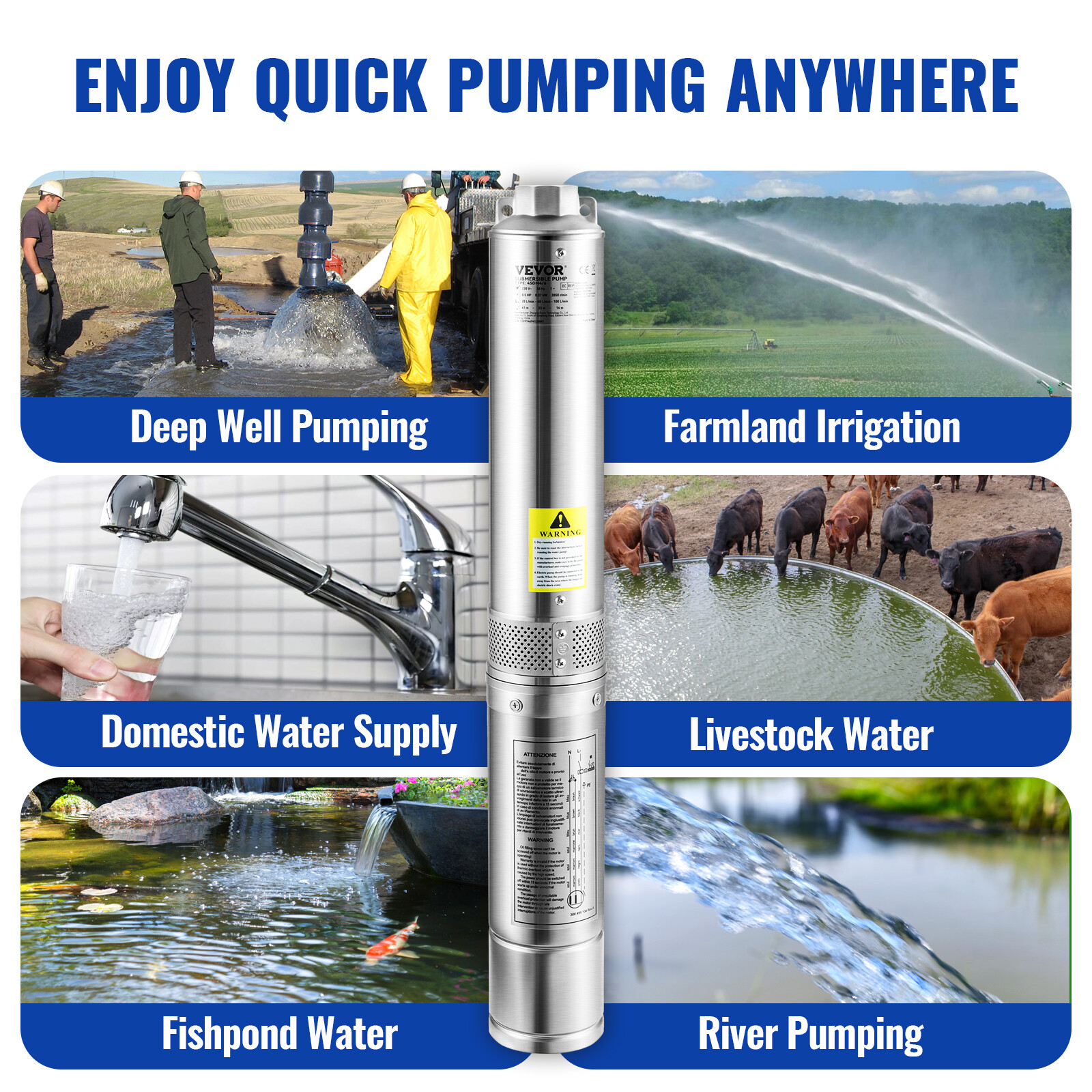 VEVOR 1HP 4” Deep Well Pump 37GPM Submersible Pump 207ft Stainless Steel 230V