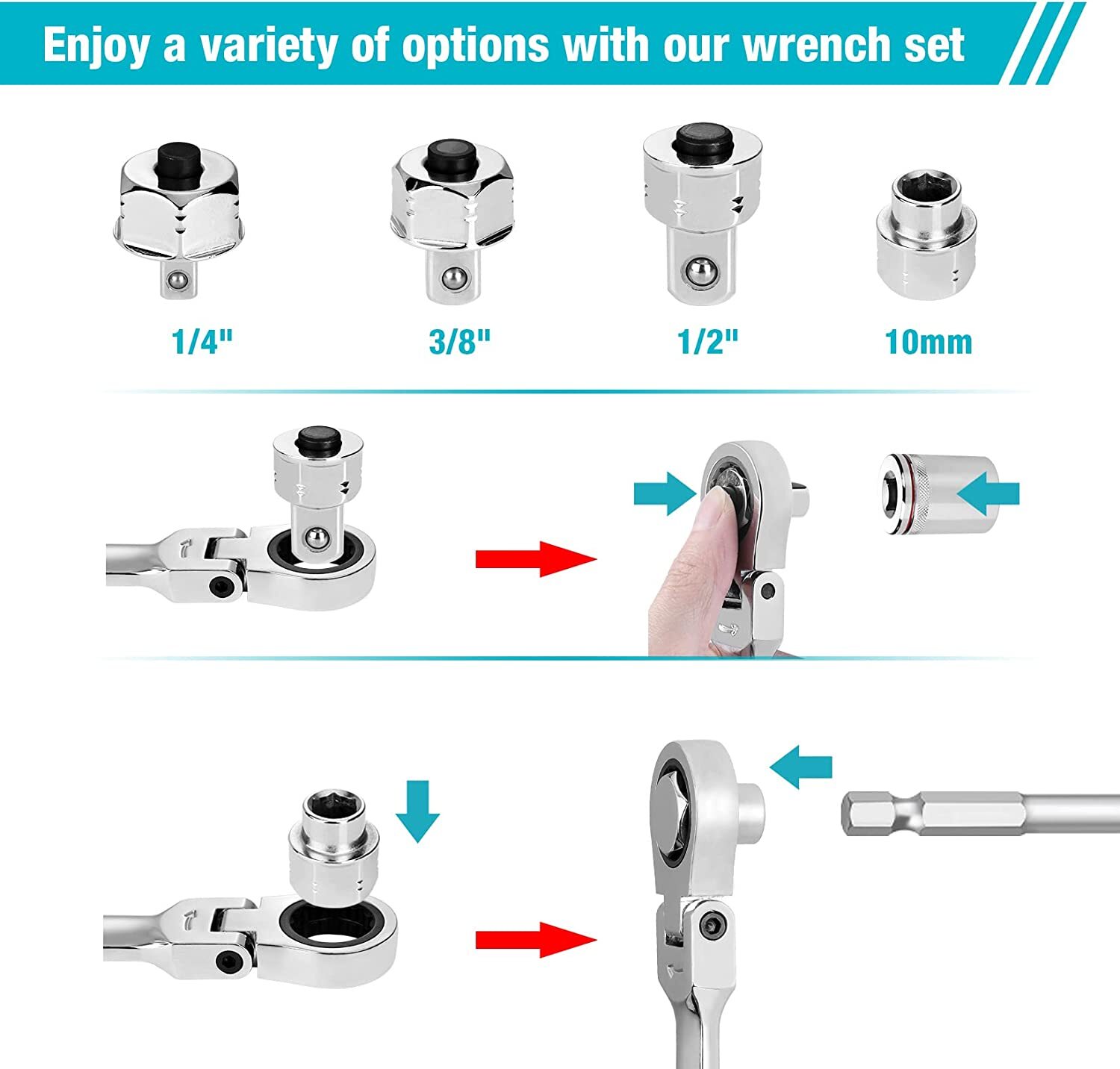 DURATECH 27PCS Extra Long Ratcheting Wrench Set Flex Head 8-22mm Socket Adapters