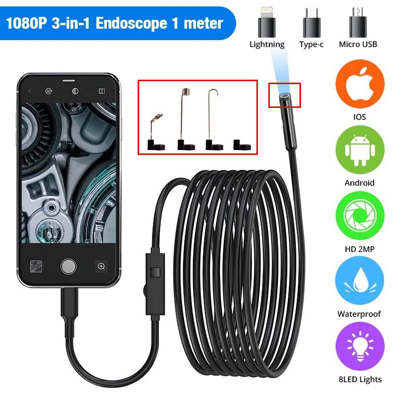 1920P HD Endoscope Borescope 8mm Inspection Snake Camera for iPhone Android iOS