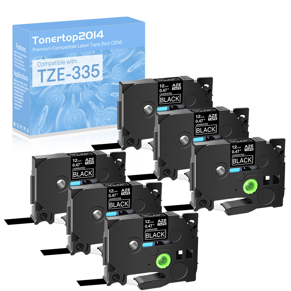 6PK TZ TZe 335 White on Black 1/2'' Label Tape for Brother P-Touch PT-300 1100