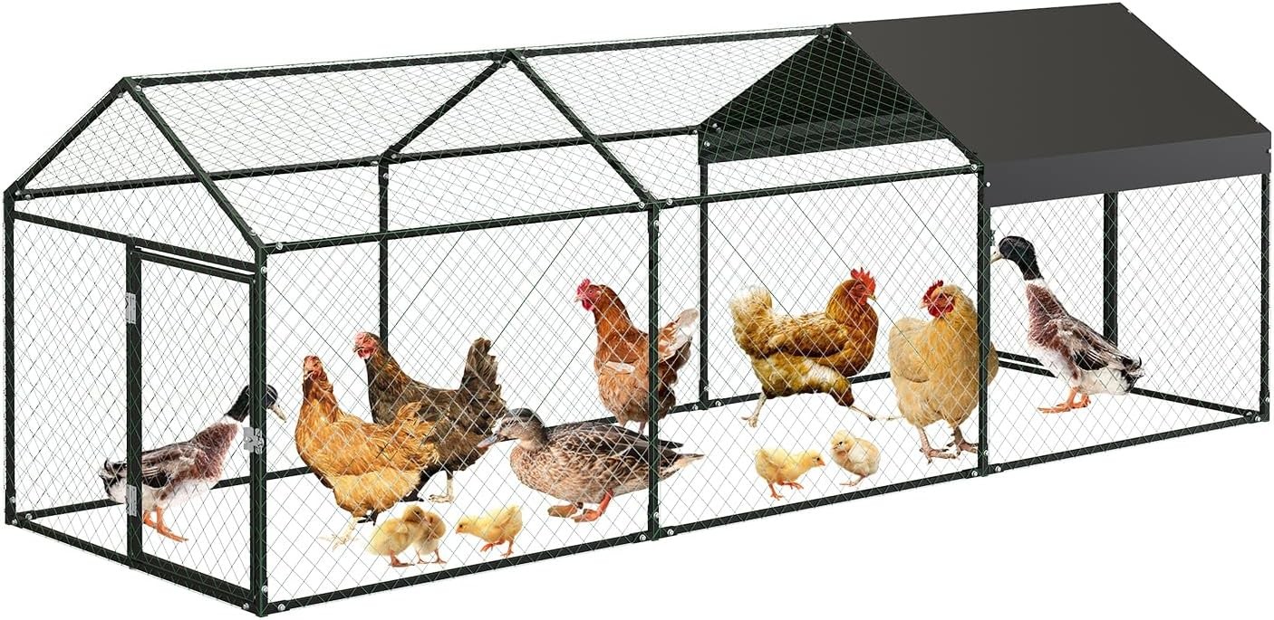 Large Metal Chicken Coop Walk-in Hen House Poultry Cage Chicken Run with Cover