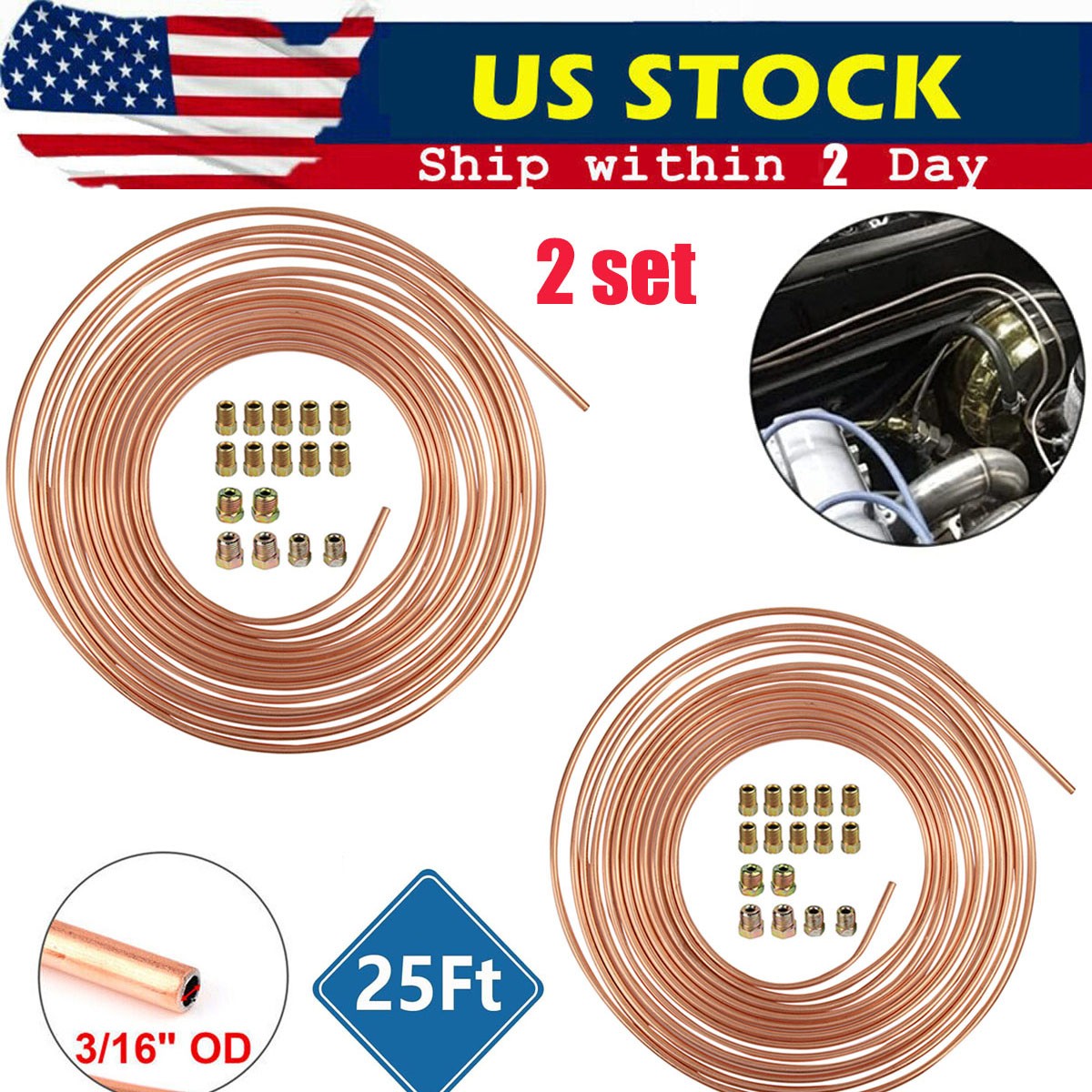 2x Copper Nickel Brake Line Tubing Kit 3/16 OD 25 FT Coil Roll All Size Fitting