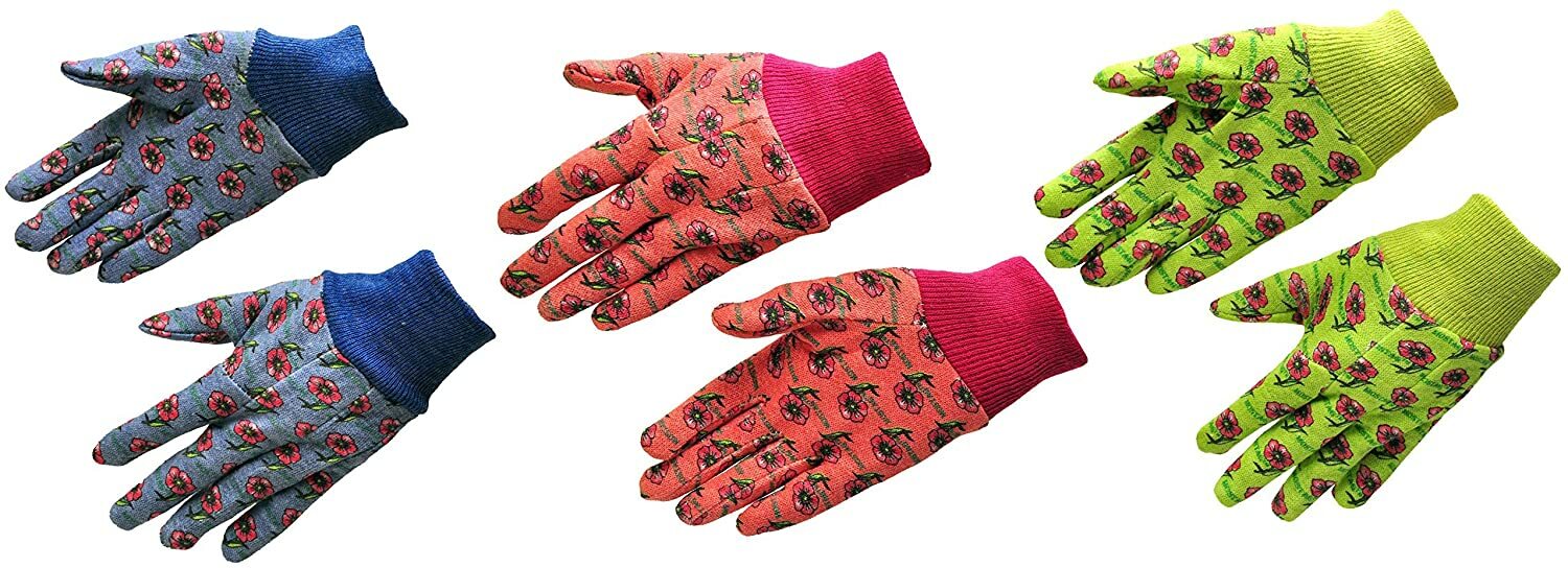 G & F 1823-3 JustForKids Soft Jersey Kids Garden Gloves, 3 Pairs Green/Red/Blue