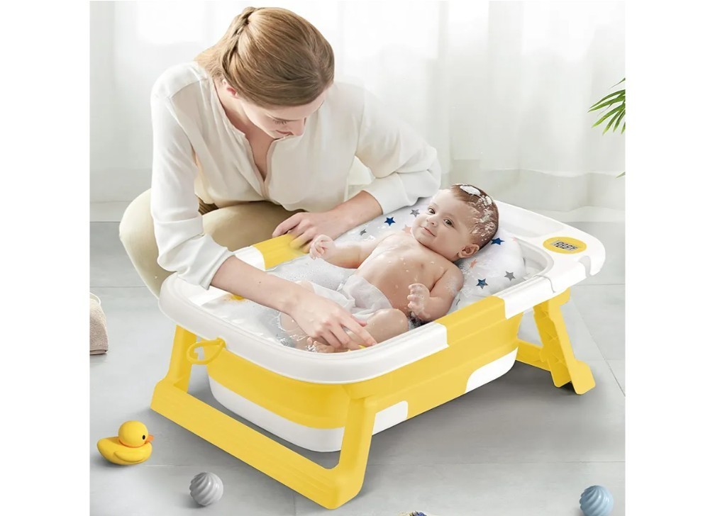 Collapsible Baby Bathtub Portable Foldable Thermometer Cushion for 0-36 Months