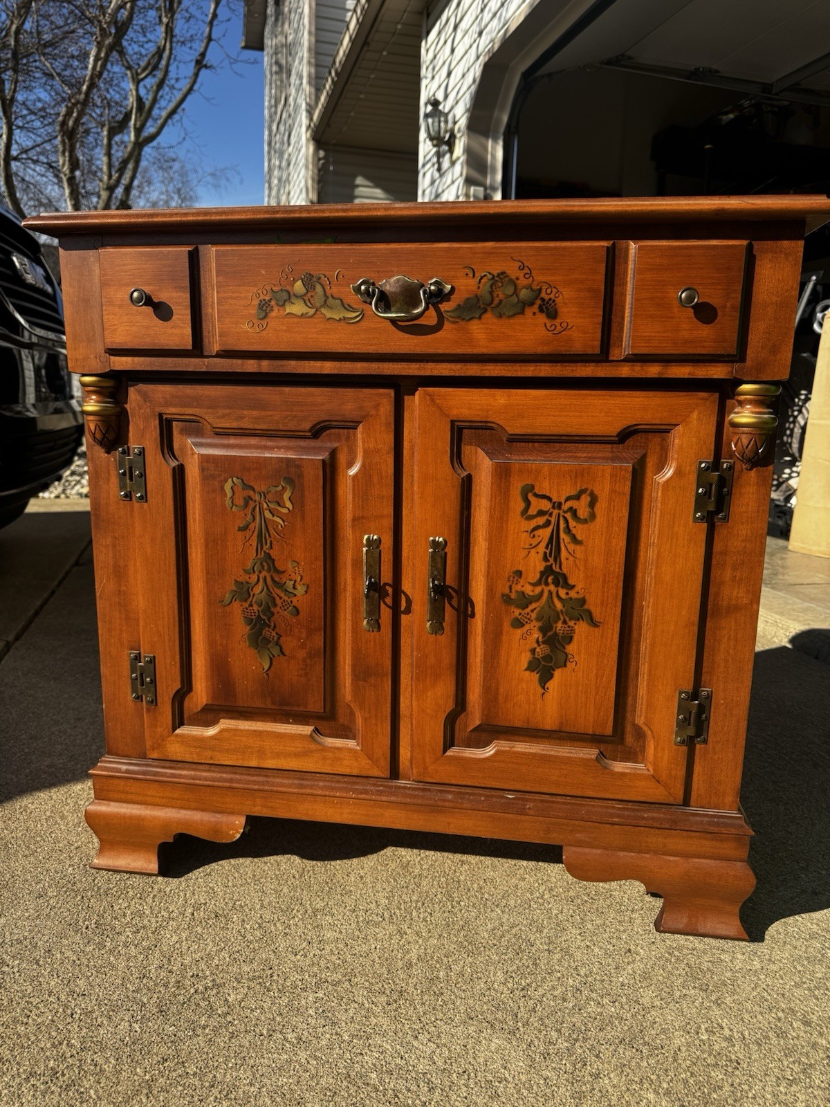 Tell City -Antique Wood Sideboard Buffet with Brass Handles and Carvings