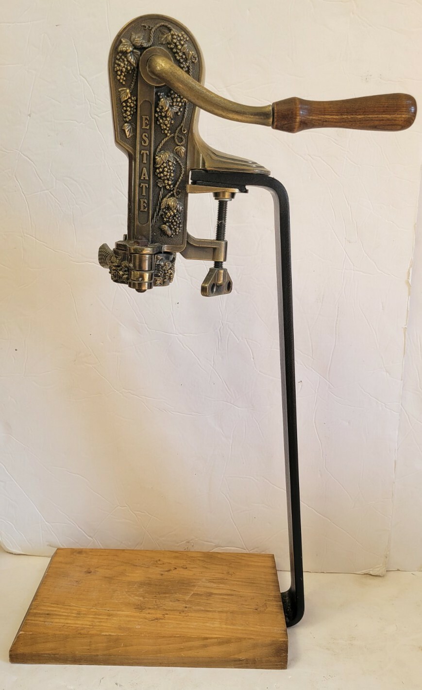 Rogar Estate Antique Brass Table Top Wine Bottle Opener w/ Wood Stand Corkscrew