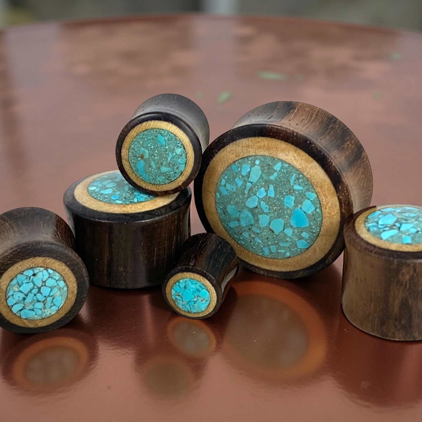 Pair of Sono Wood with Crushed Turquoise Inlay Plugs gauges organic plugs