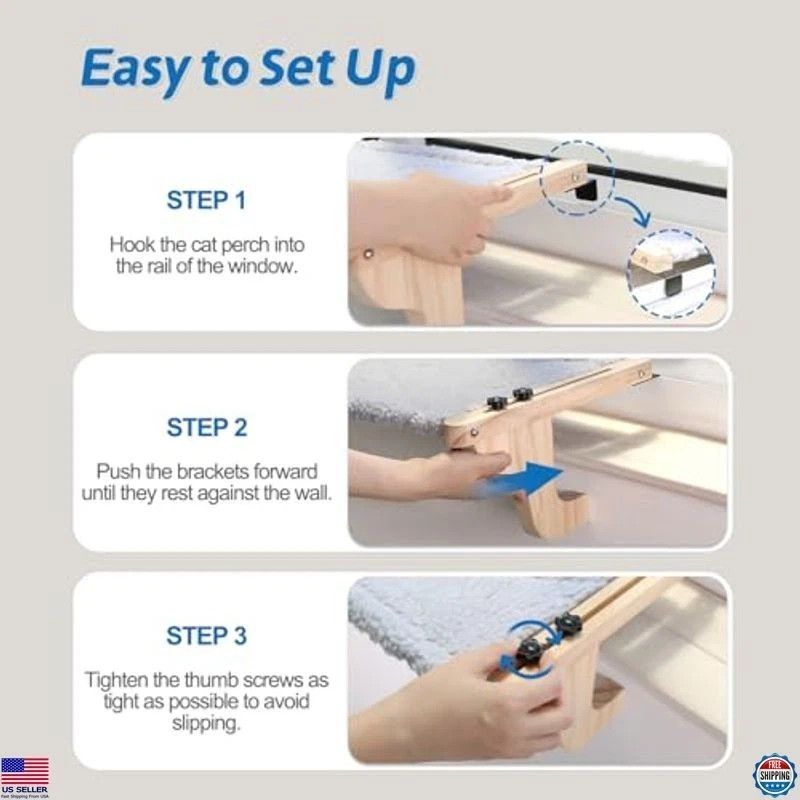 2PC Cat Window Perch Hammock - Pine Wood & Metal Frame, Gray Bed, 23''W x 14''D