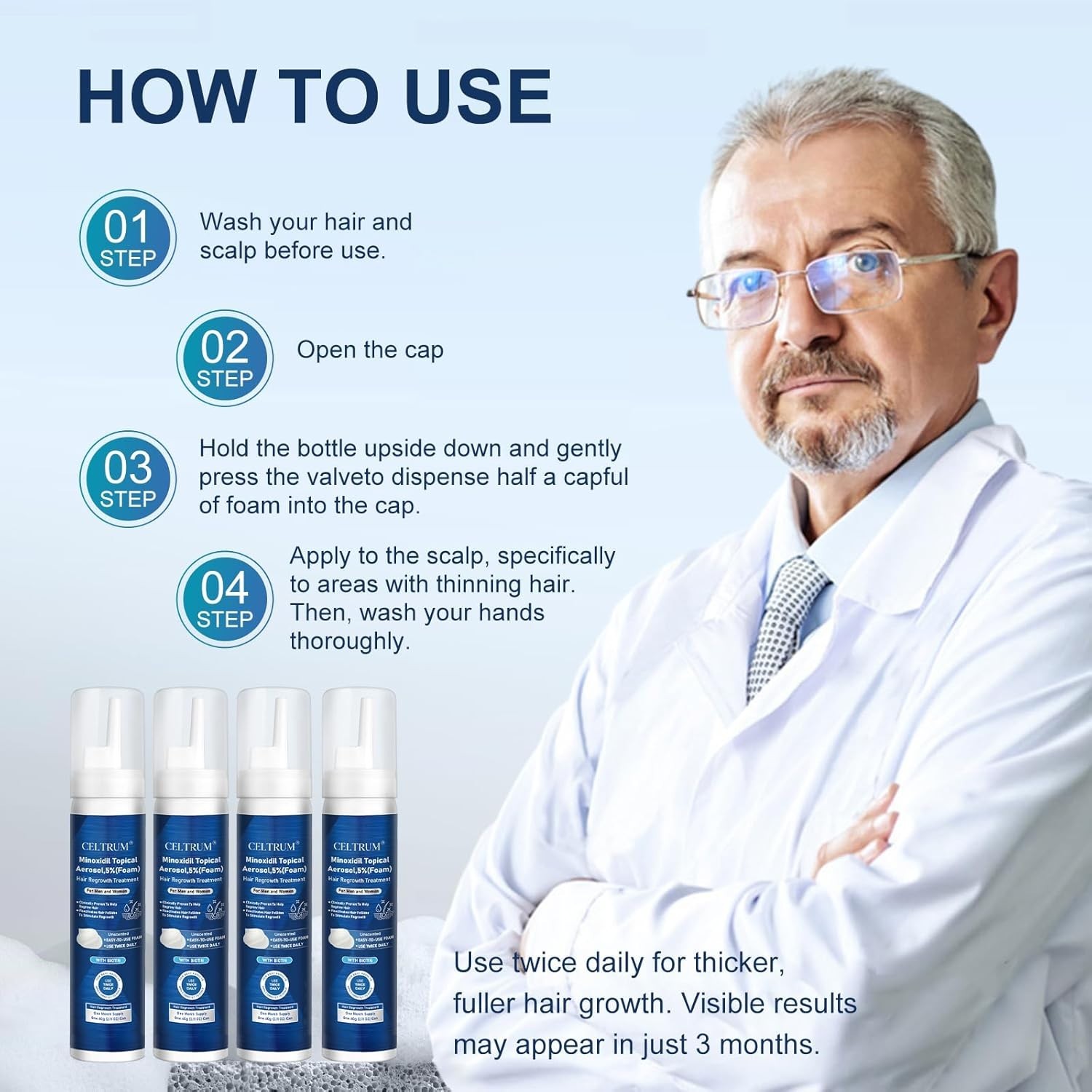 5% Topical Minoxidil Foam, Minoxidil for Men and Women, Infused with Biotin, Hai