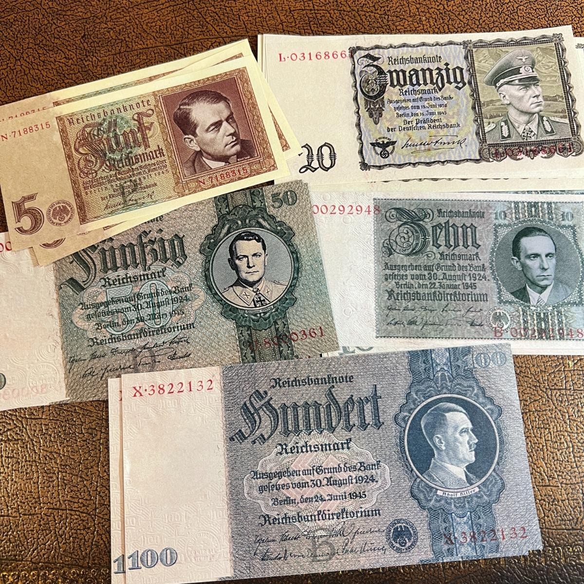 1945 Germany 5 3rd Reich set of Reichsmark banknotes. Hitler, Goebbels, Goering.