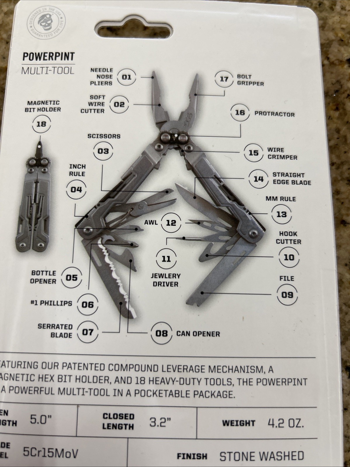 SOG Powerpint Silver Needlenose Pliers Scissors Knife MultiTool Pliers PP1001-CP