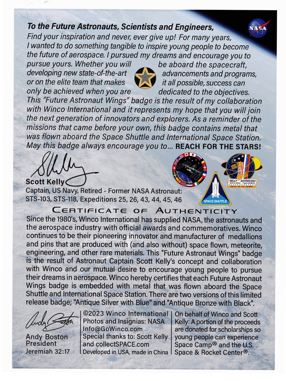 FUTURE ASTRONAUT WINGS -FLOWN METAL-NASA-SCOTT KELLEY SHUTTLE ISS Silver PIN