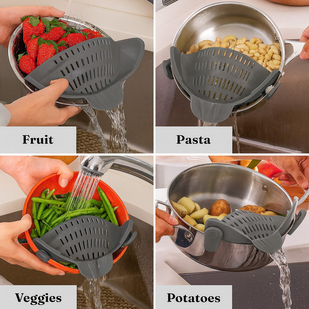 Silicone Clip-On Colander Heat Resistant Strainer for Pasta Noodles Vegetab