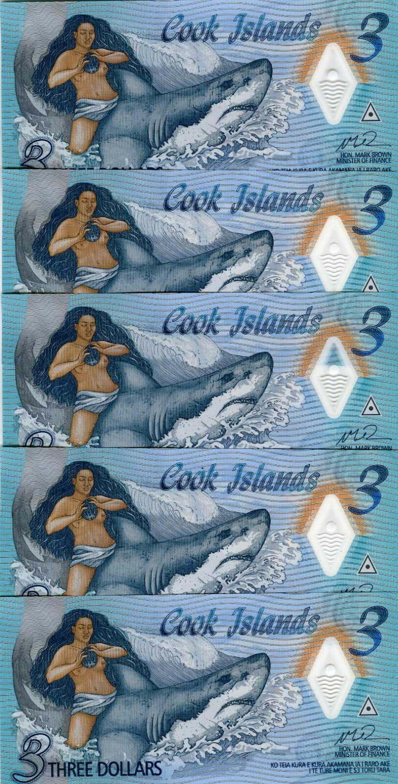 LOT Cook Islands, 5 x $3, 2021 Naked Ina & a shark, P-New Polymer AA-Prefix UNC