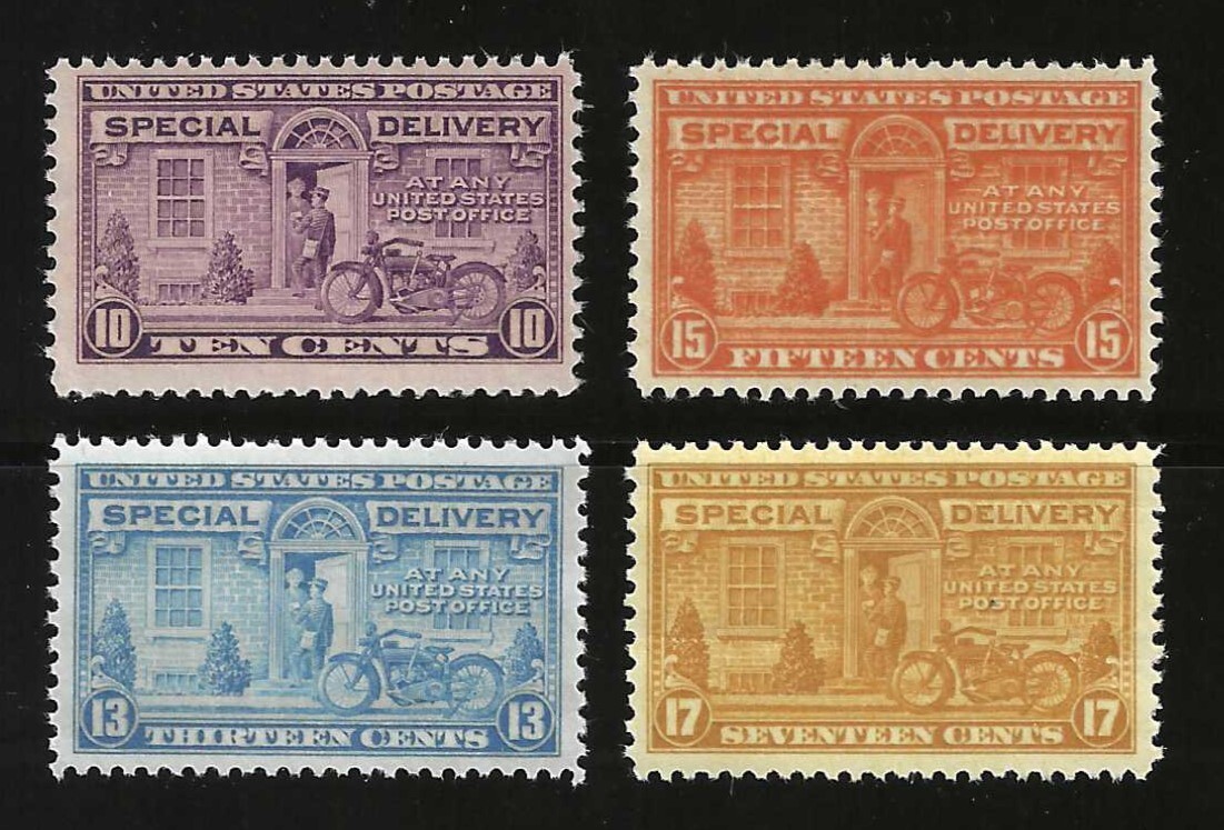 VINTAGE HARLEY DAVIDSON MOTORCYCLE  ON 4 U.S. STAMPS 1927-1944 - MINT CONDITION