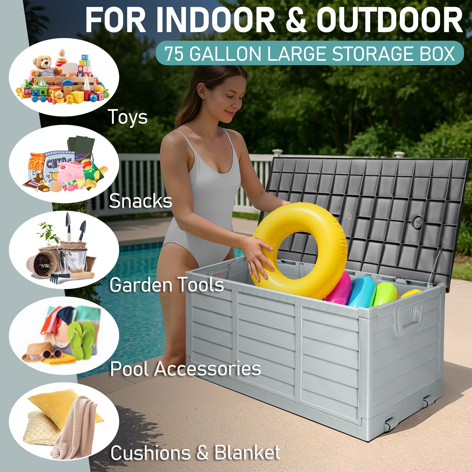 75 GAL Foldable Storage Deck Box Fast Installation with Wheels for In/Outdoor