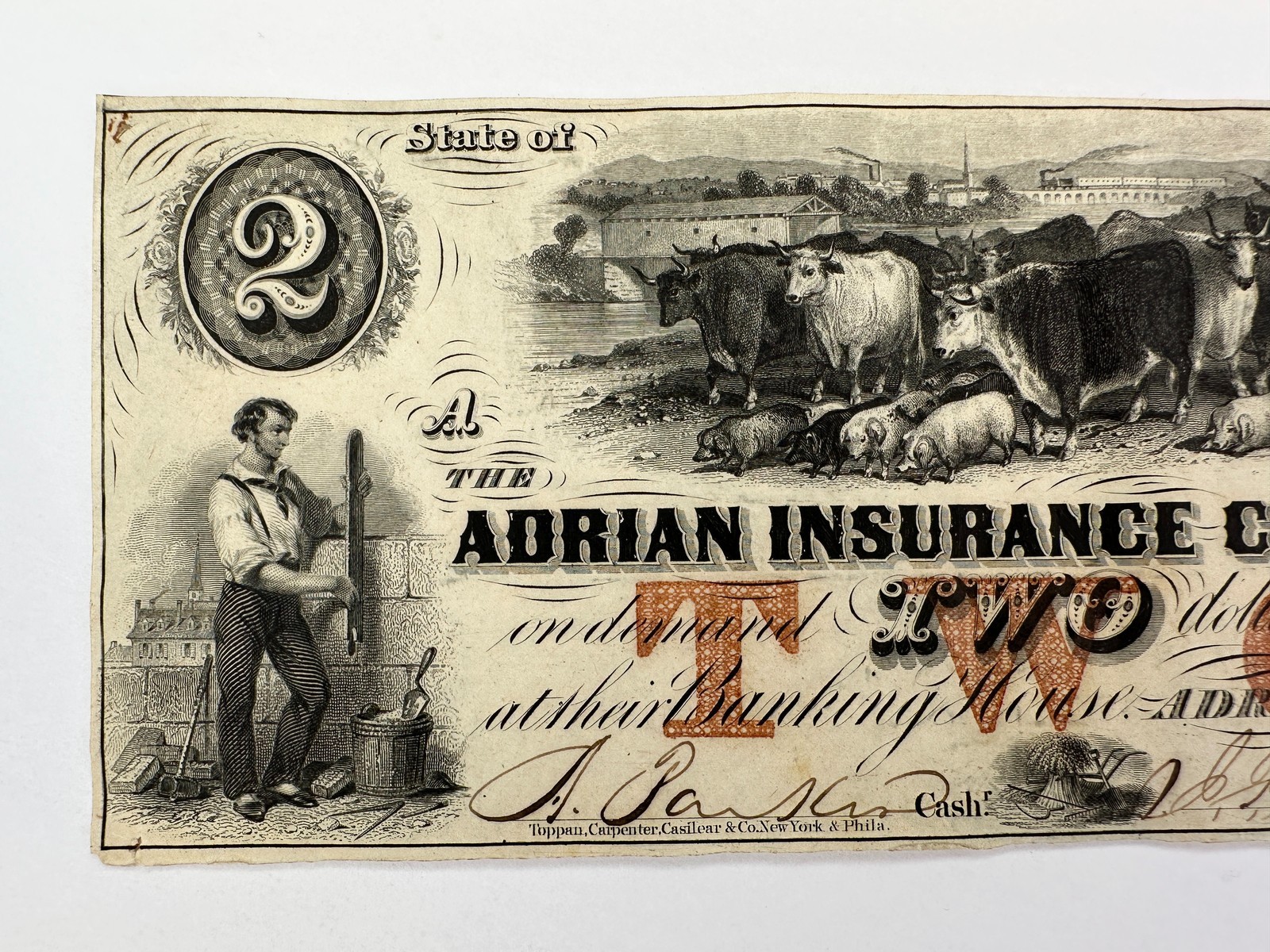 1853 $2 Adrian Insurance Company Michigan Obsolete Bank Note Two Dollars Bill MI